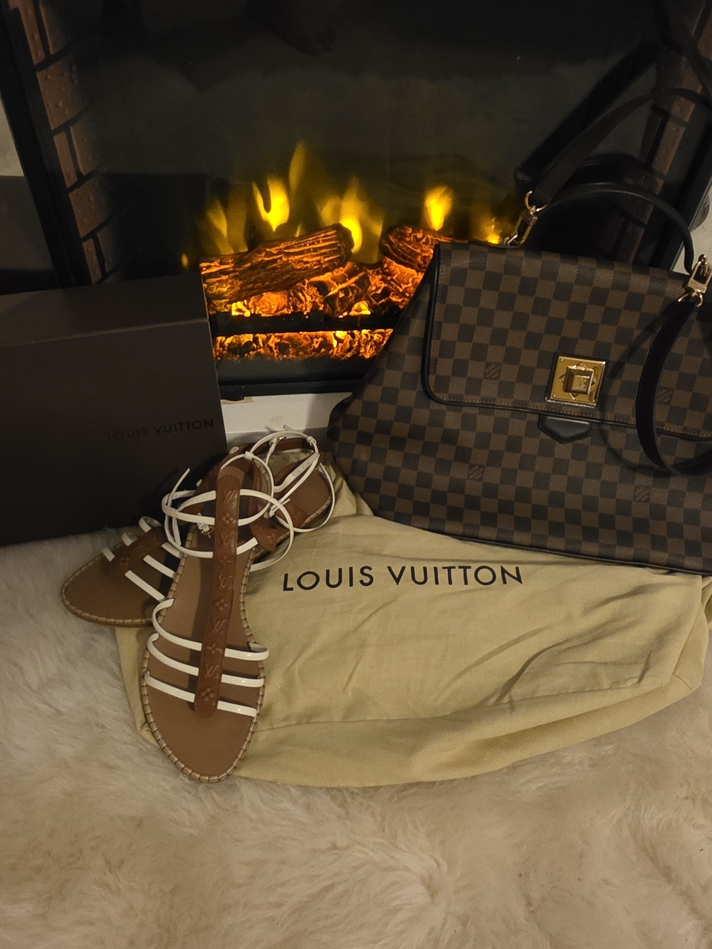 Louis Vuitton Brown Damier Ebene Top Handle Bag with Tan & White Sandals